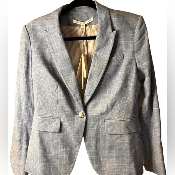 Veronica Beard Jackets & Blazers - NWT Veronica Beard Blue Plaid Linen Cutaway Dickey Jacket Gold Buttons S…